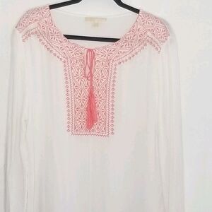 Michael Kors Peasant Blouse Embellished Embroidered Tassel White Size M
